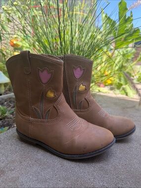 Gymboree Kids Brown Western Boots Pink & Yellow Flower Accents Toddler 11